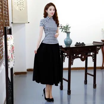 

New Summer Women's Blouse Skirt Sets Traditional Chinese 2pc Short Sleeve Shirt Mandarin Collar Cheongsam Dress Size S-XXXL 9971