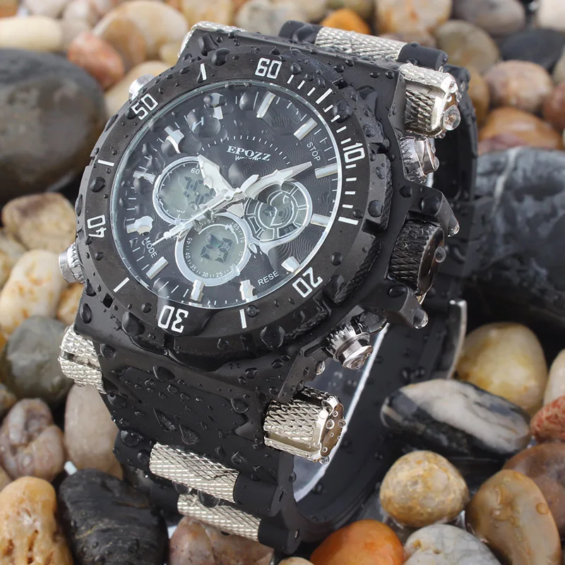 EPOZZ Мужские кварцевые часы с большим циферблатом, военные спортивные мужские часы в стиле панк, светодиодный дисплей, резиновый ремешок, Relogio Masculino, водонепроницаемые