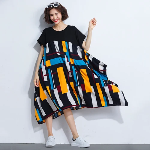 

F&JE 2018 New Summer Fashion Women Short sleeve Casual Loose Dress High Quality Patchwork Mid-calf O-neck Dresses Plus Size U336