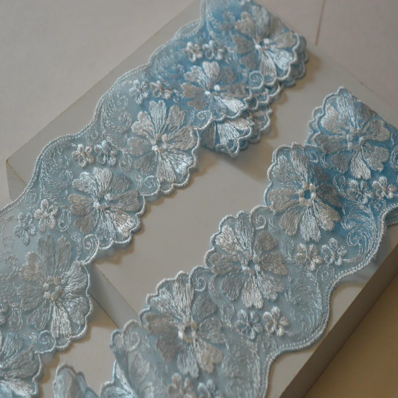 

8cm wide(2yds/lot)translucent wavy gauze blue floral embroidery lace Hight quality lace fabrics embroidered lace2018102708