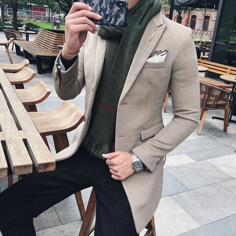 

Solid Color Long Blazer Men Vintage Retro Slim Fit Blazer Hombre Casual Wool Blend Men Coat High Quality Designer Blazer
