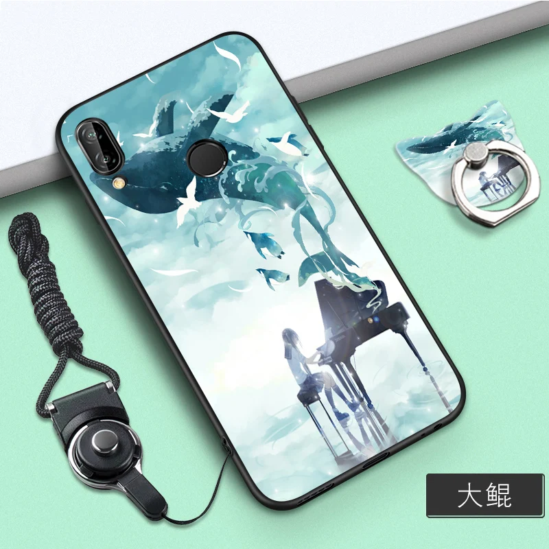 

Huawei P20 Lite Case Cute Style Black Frame Cartoon Painted 3D Phone Shell Cover Case For Huawei Nova 3e with rope holder #001