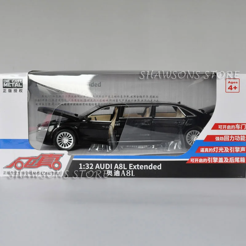 Black in Box Литой под давлением Модель автомобиля игрушки 1:32 Audi A8L Расширенный вытяжной назад Реплика со звуком и светильник - Цвет: Black in Box