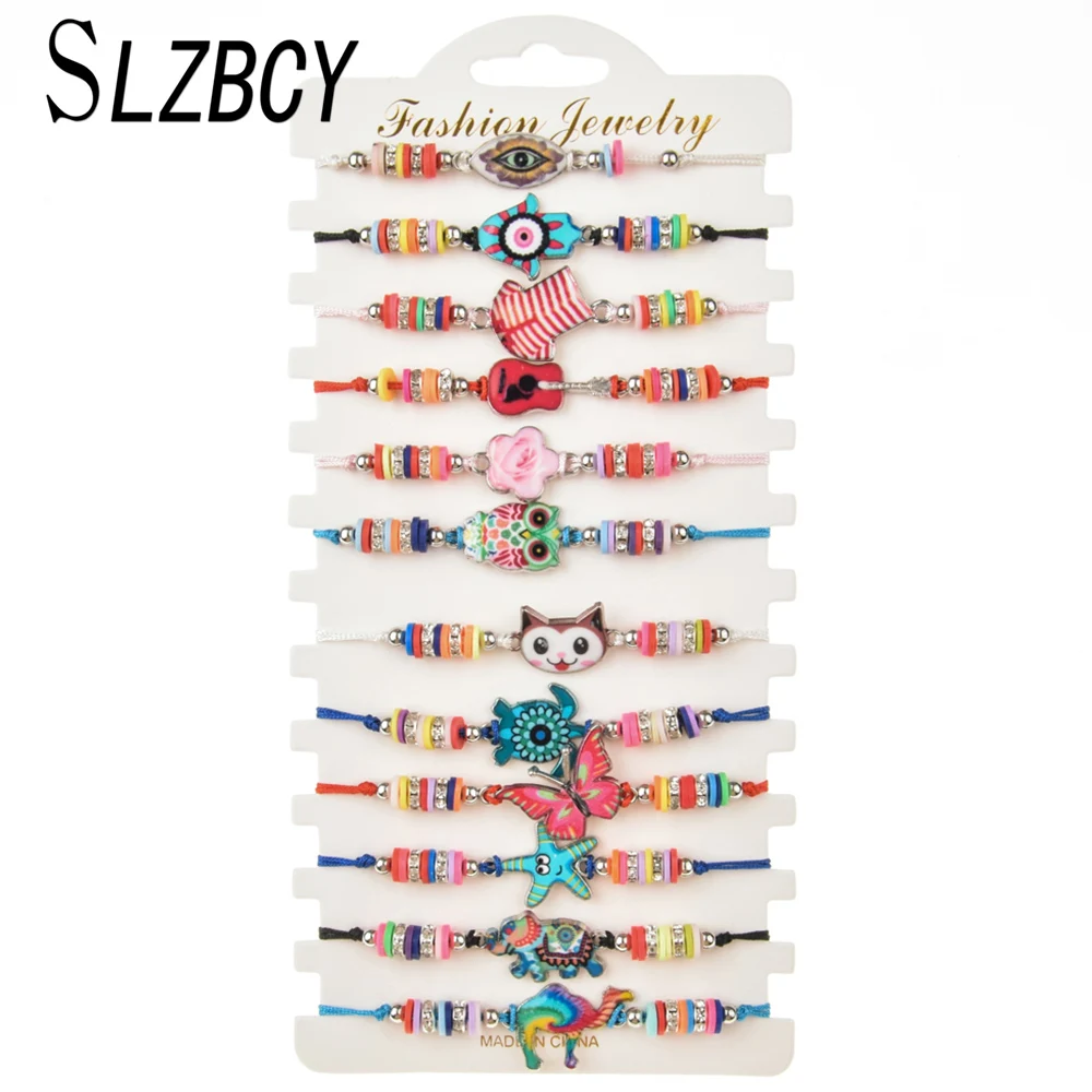 

12 pcs/set Cute Owl Animal Star Crystal Charm Child Bracelets Women Enamel Evil Eye Adjustable Weave Rope Bracelet Jewelry Gift
