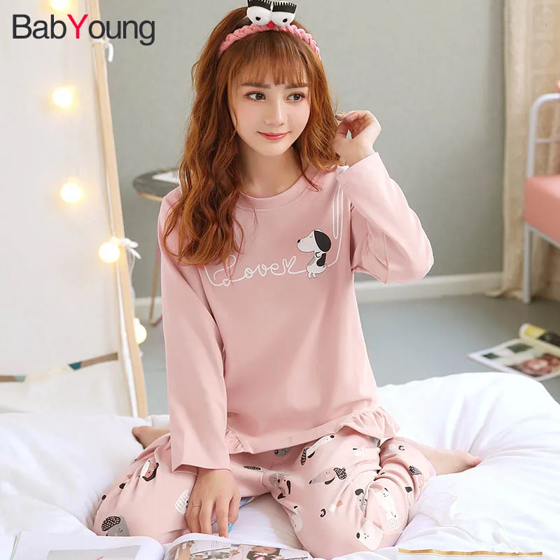 

BabYoung Pajamas Set for Women Cute Cartoon Korean Dog Print Casual Ruffled Cotton Loose Autumn Winter Girls Home Sleepwear