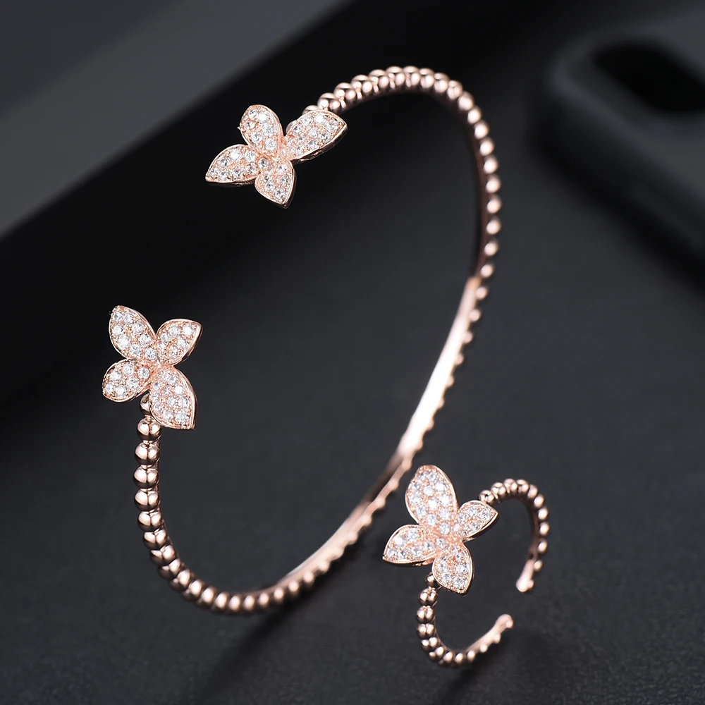GODKI Luxury 3 Tone Flower Bangle Ring Sets Fashion Dubai Silver Bridal Jewelry Sets For Women Wedding brincos para as mulheres