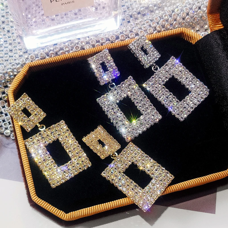 

Luxury Crystal Square Earrings for Women Wedding Party Statement Earrings Hanging Geometric Fashion Women's Earrings 2019