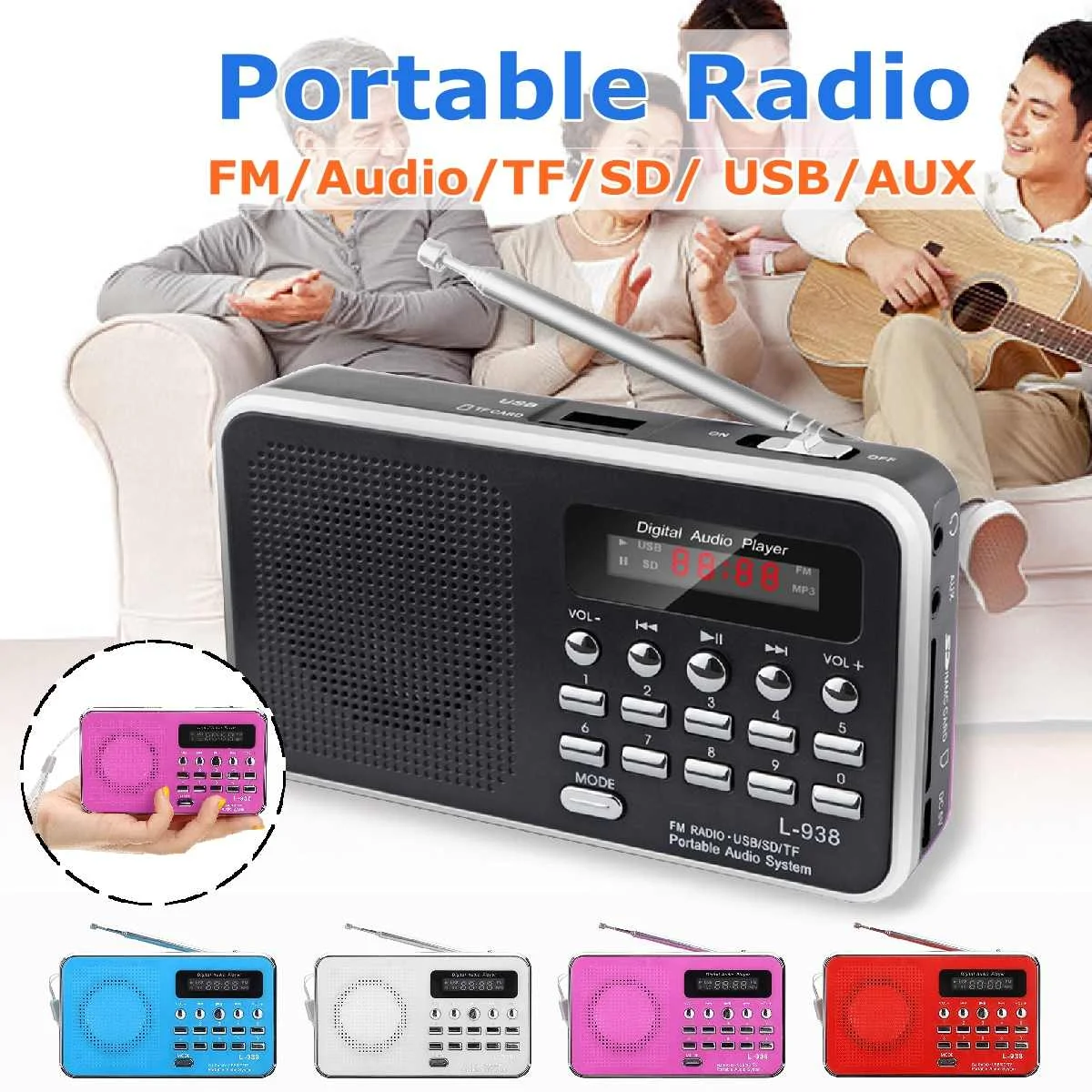 

LEORY Mini Portable Radio FM Handheld Digital FM MP3 AUX SD TF Card USB Playback Loop Play Stereo Loud speaker Rechargeable