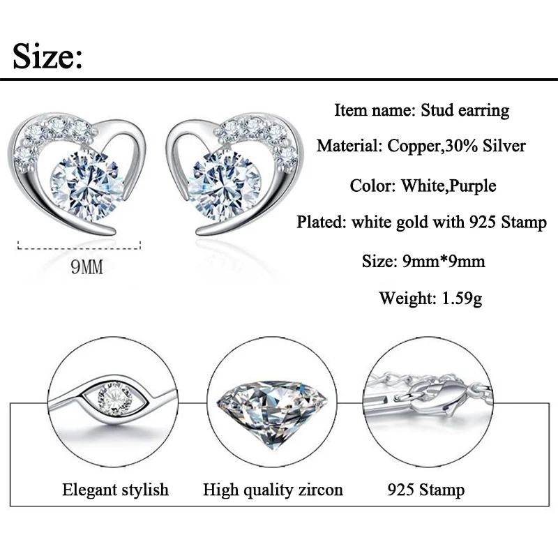 Новые маленькие белые серьги с фиолетовым кристаллом для девочек, детские милые мозаичные циркониевые серьги в форме сердца, ювелирные изделия для вечеринки и дня рождения