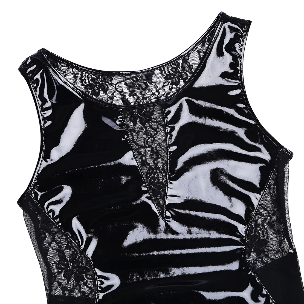 New Women Sexy Costume Dress Ladies Wet Look Patent Leather and Lace Splice Sleeveless Semi-See Through Slim Party Clubwear Dresses