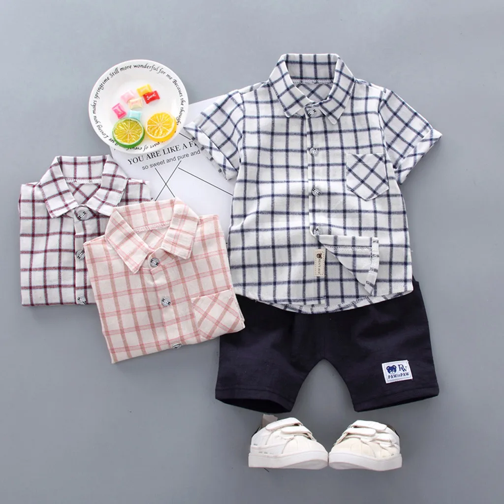 Baby Summer Clothes Infant Baby Boy Kid Gentleman Plaid Printed T Shirt +Shorts Outfits Set Boys Clothing vetement bebe garcon