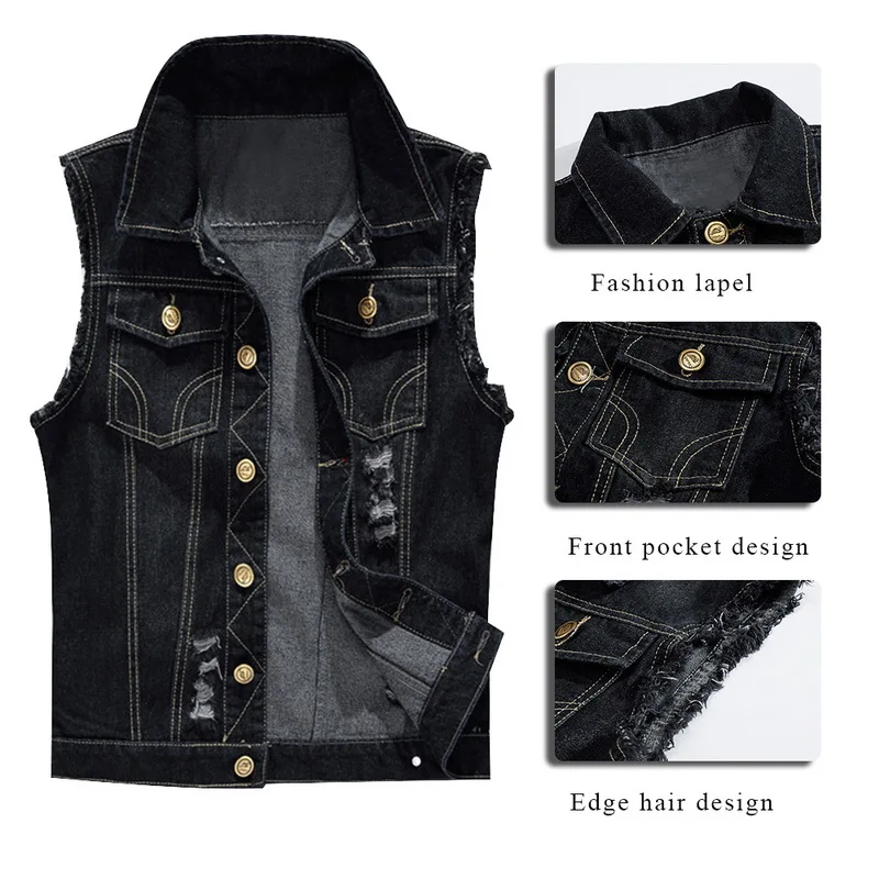 MJARTORIACotton Sleeveless Jacket Vest Men Plus Size Holed  Turn-down Collar Male Cowboy Outdoors Waistcoat Mens Jean Jackets