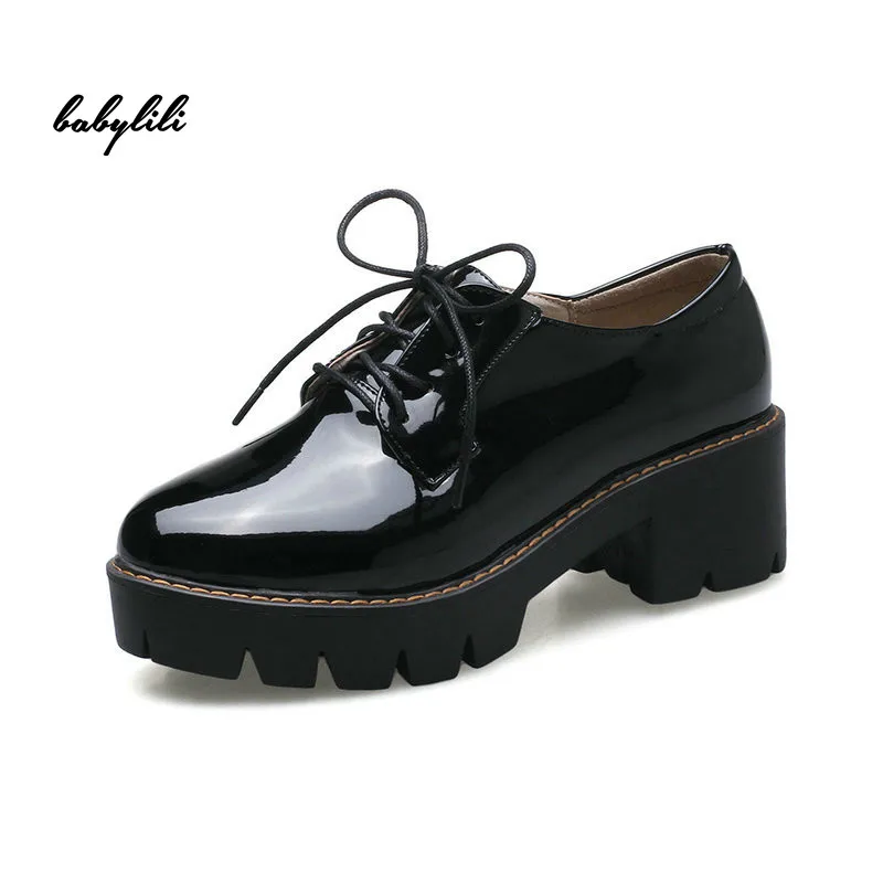 

Ladies Thick High Heels Fashion Platform Shoes Woman Lace Up Round Toe Spring Fall Pumps Black White Wine Red