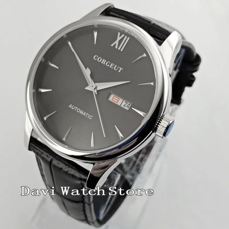 

40mm Corgeut Black Dial Leather Band Sapphire Automatic Men's Wristwatches 2768