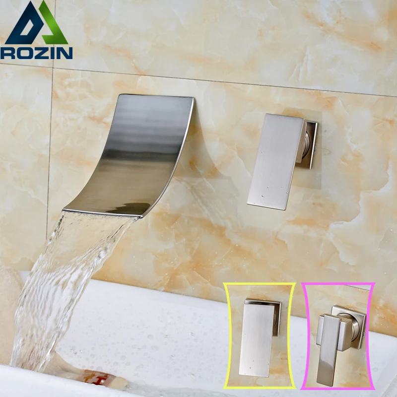 

Modern Waterfall Spout Wall Mount Basin Faucet Single Handle Dual Hole Bathroom Nickel Brushed Hot and Cold Water Taps