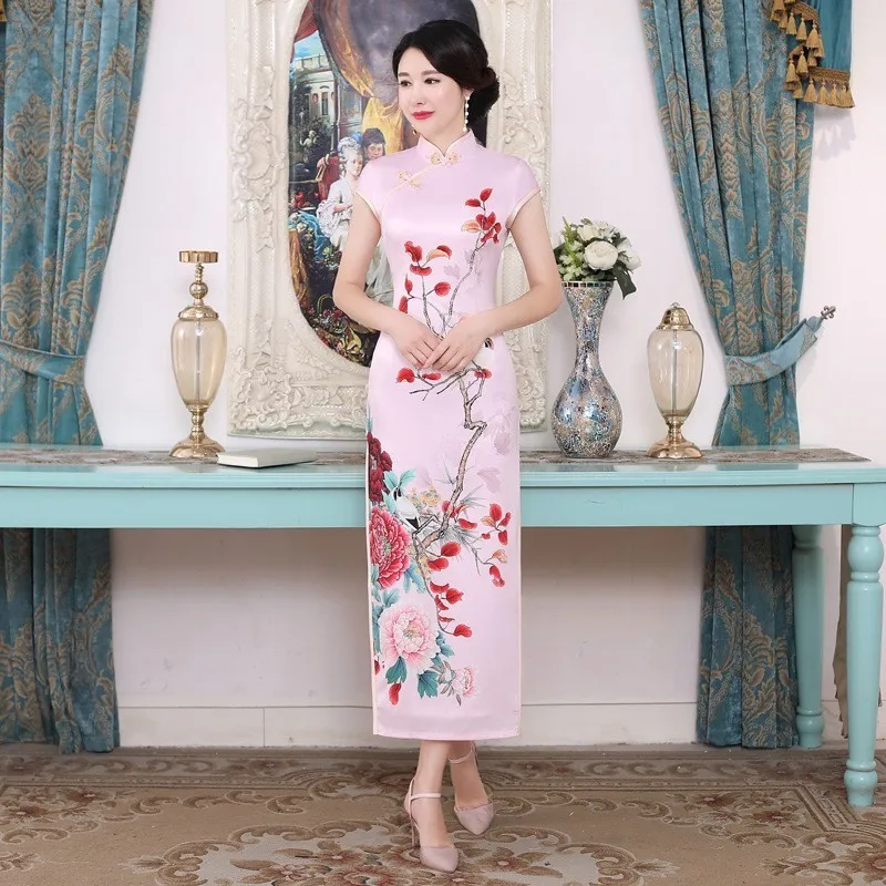 Шэн Коко Восточный халат Chinois Qipao платья для женщин сливы филиал шаблон печати Cheongsam Элегантные Длинные атласное платье плюс размеры