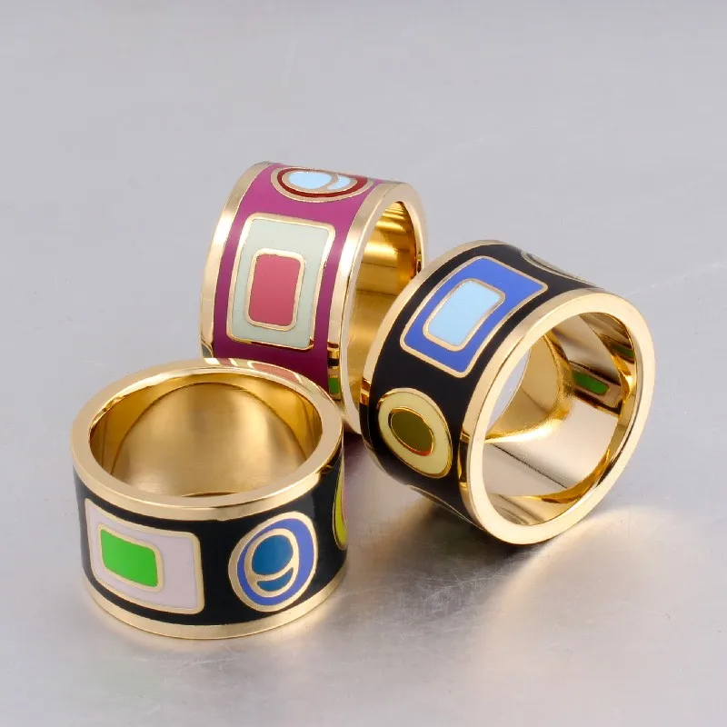 Этнические ювелирные изделия большие кольца для женщин геометрические узоры золотые кольца из нержавеющей стали 13 мм ширина трендовые вечерние ювелирные изделия из эмали