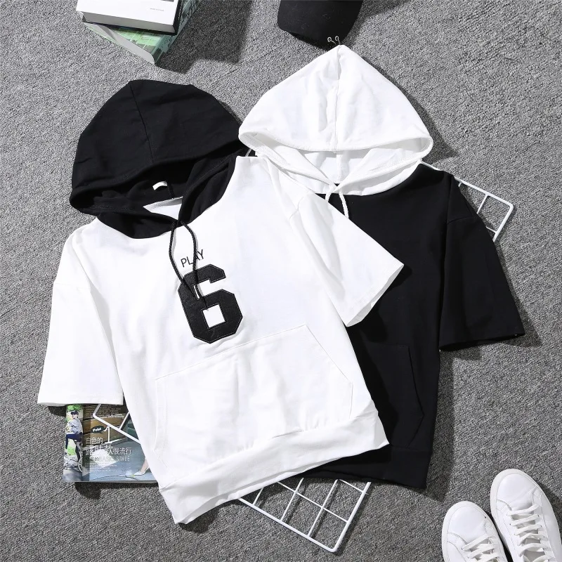 

summer couple T-shirt women's hooded pocket casual white black shirt T-shirt women's short selve number 6 T-shirt women