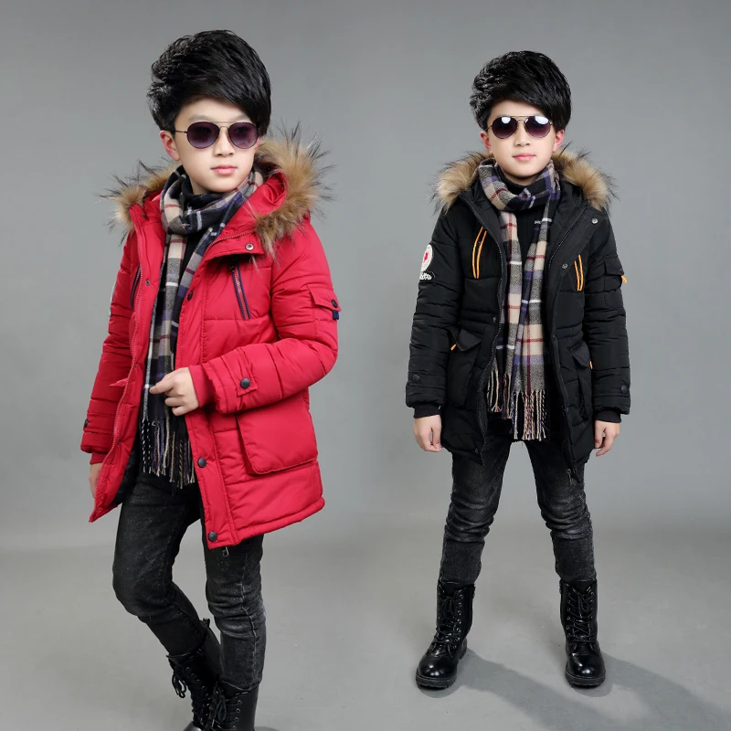 

boys winter jacket 5-15 years old kids down coats Hooded fur collar thick warm big pocket labeling stars chidlren's parka