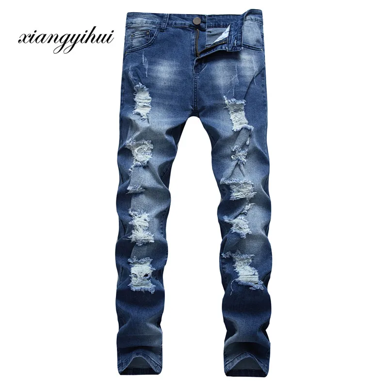 Blue Ripped Men Holes Biker Jeans Skinny Famous vintage swag Hip Hop