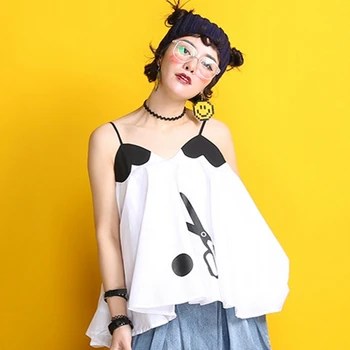 

XYJ400 Original Design 2017 scissors and polka dot print loose a line heart shaped patchwork camisole women summer tank top