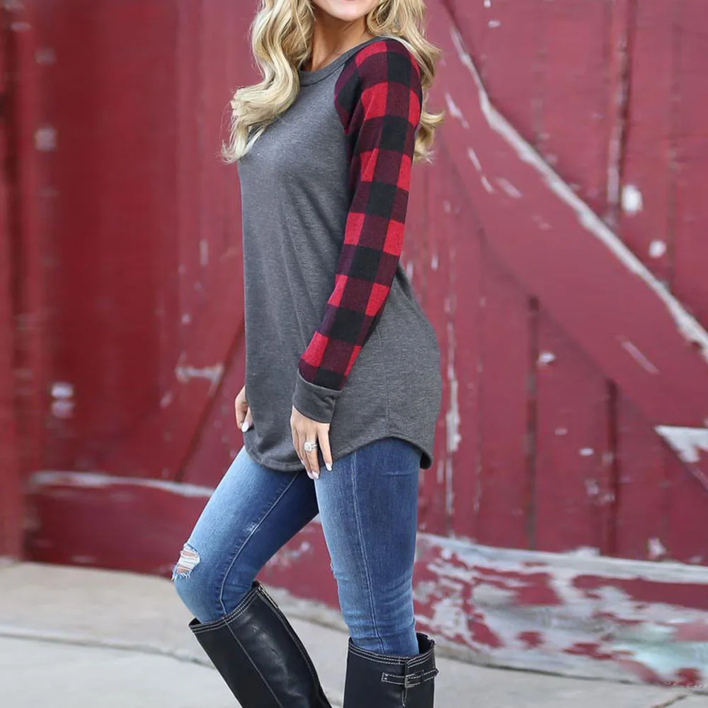Mujeres o-cuello rojo y negro Plaid Patchwork manga Gary blusa manga larga sudadera Pullover Tops blusa camisa Ropa Mujer SY9 Mujeres o-cuello rojo y negro Plaid Patchwork manga Gary blusa manga larga sudadera Pullover Tops blusa camisa Ropa Mujer SY9