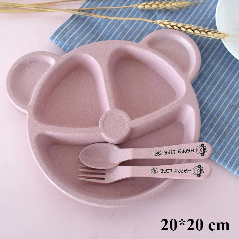 Пшеничная соломенная детская посуда с рисунком, детский обеденный тарелка, Детская обучающая пищевая миска-контейнер, ложка, вилка для детей - Цвет: bear pink