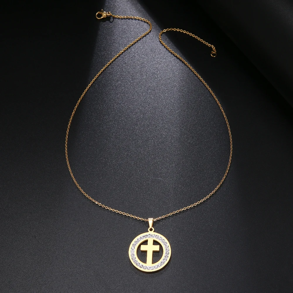 Cacana Stainless Steel Crystal Round Pendants Necklace Women Jewelry Cross Trendy Necklaces Donot Fade Valentine's Day Gift (2)