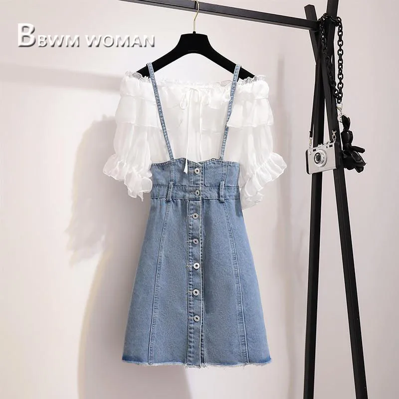 

2019 Summer New Women Sets Slash Neck Blouse and Spaghetti Strap Dress Female Sets