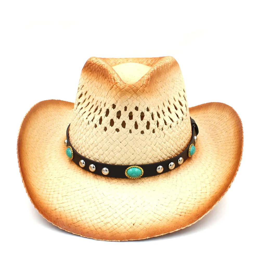 Женская и Мужская Западная ковбойская шляпа с кожаным ремешком в стиле панк, Соломенная женская шляпа для папы, пляжа, солнца, сомбреро, сетка, пастушка, джаз, шляпа, размер 58 см