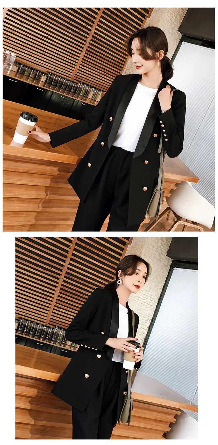 Женская куртка весна и осень новая мода длинный темперамент черный двубортный пионер тонкий костюм куртка маленький костюм