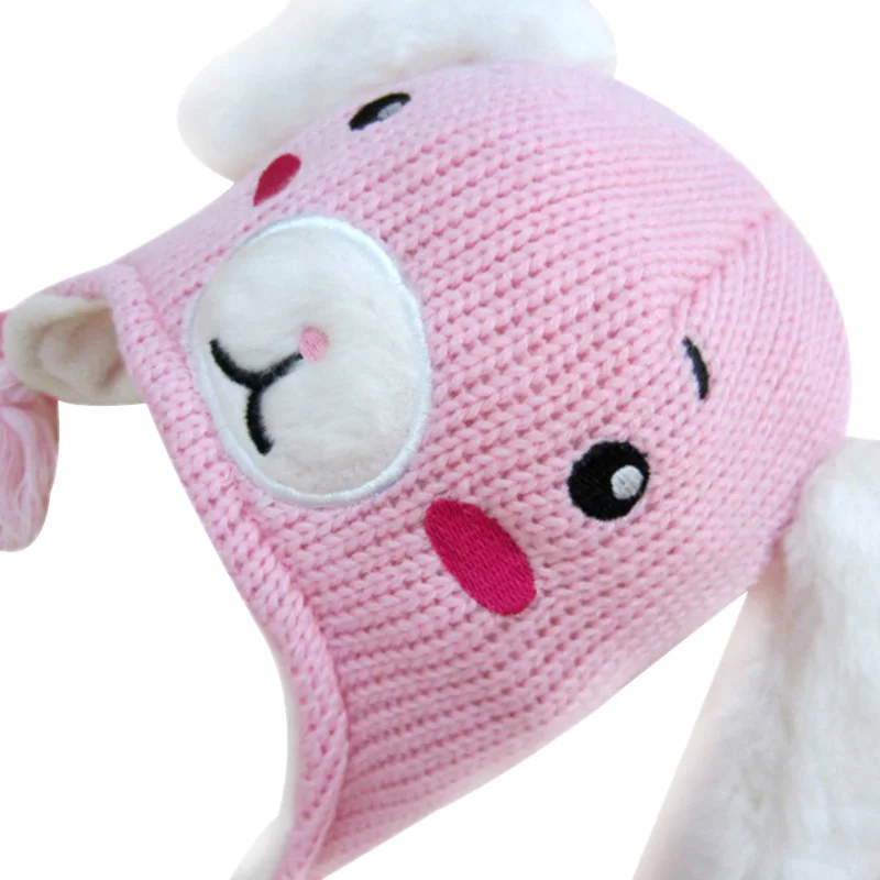 Cute Rabbit Baby Hat For Girls Cotton Knitted Pattern Kids Beanie Pink Girls Hat With Ears Thick Double Layer Warm Winter Hat  (4)