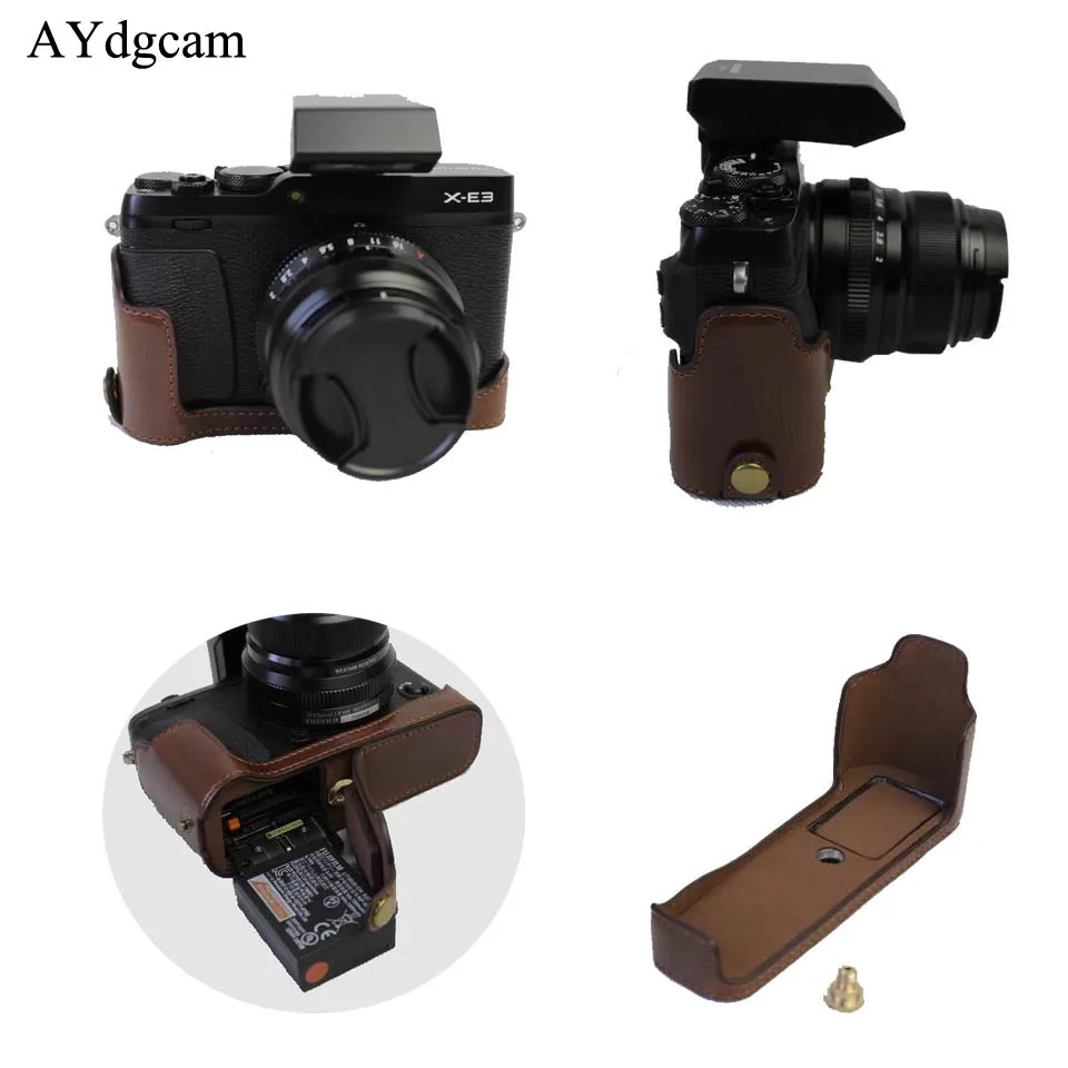 New Cuoio Camera Bag Mezza Corpo Custodia Per Fujifilm Xe3 Fuji Xe-Coperchio Inferiore Della Batteria Aperto Nero Marrone Caffè