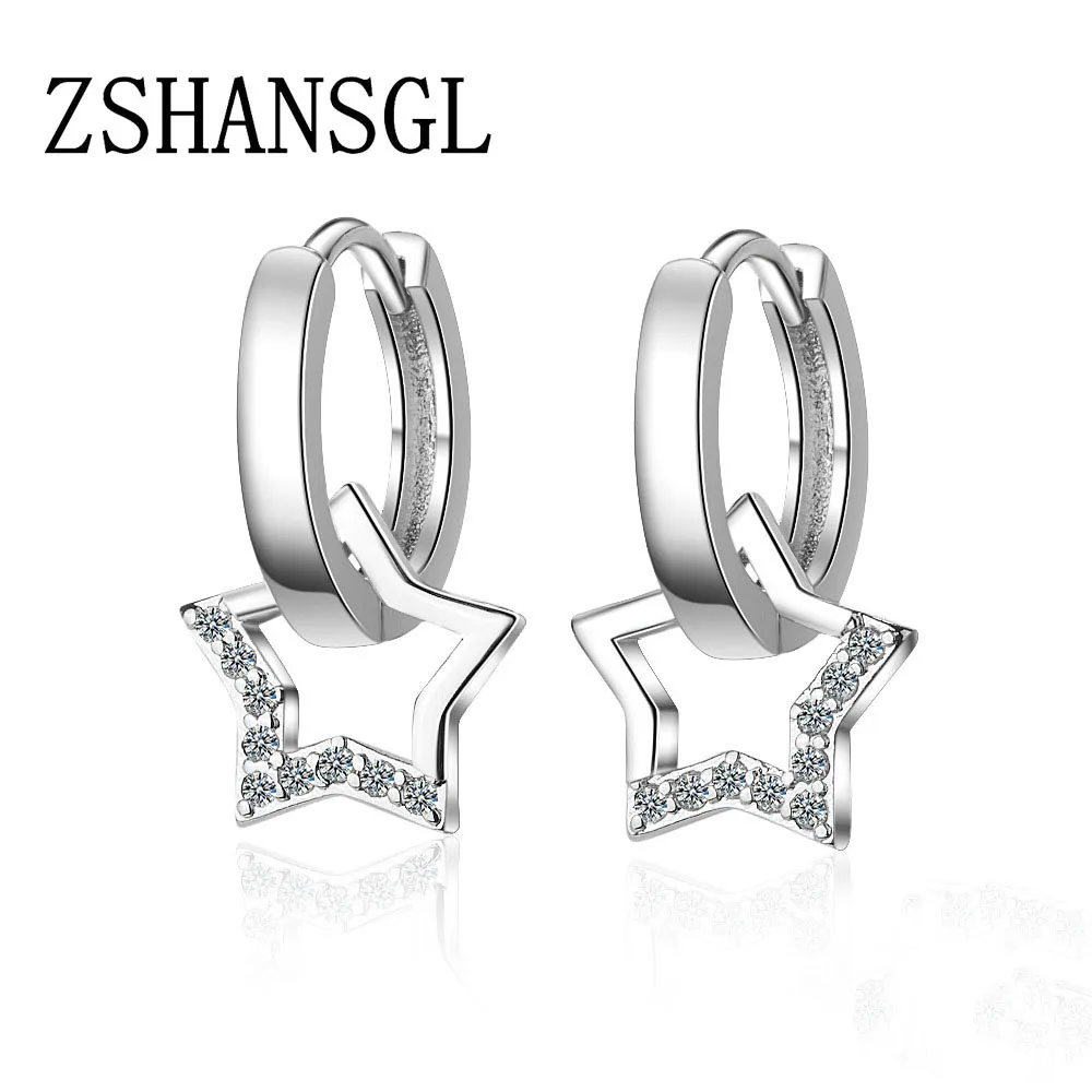 

Authentic 925 Sterling Silver Hollown-out Five-pointed Star Stud Earring With Clear CZ Crystal Fashion Brinco Jewelry for Brides