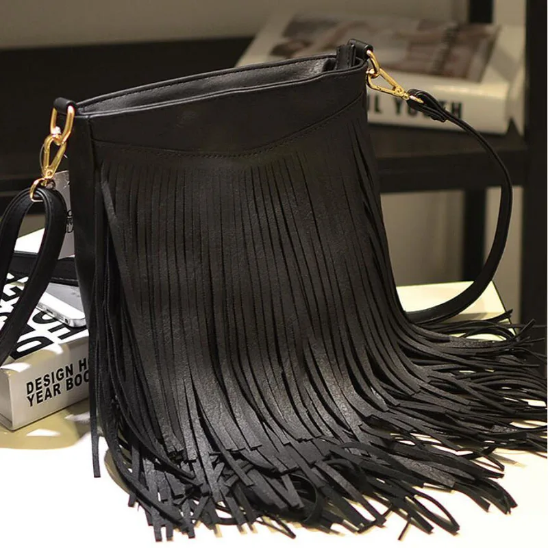 Black Женская сумка в богемном стиле через плечо BOHO из замши с кисточками на плечо Брендовая женская сумка-мессенджер - Цвет: Black