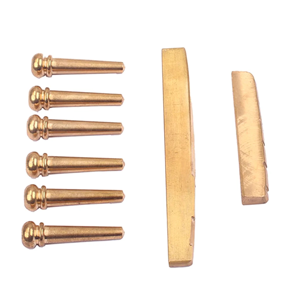 6 pieces Brass Bridge Pins + Nut Saddle Slotted for Acoustic Guitar Parts Gold New