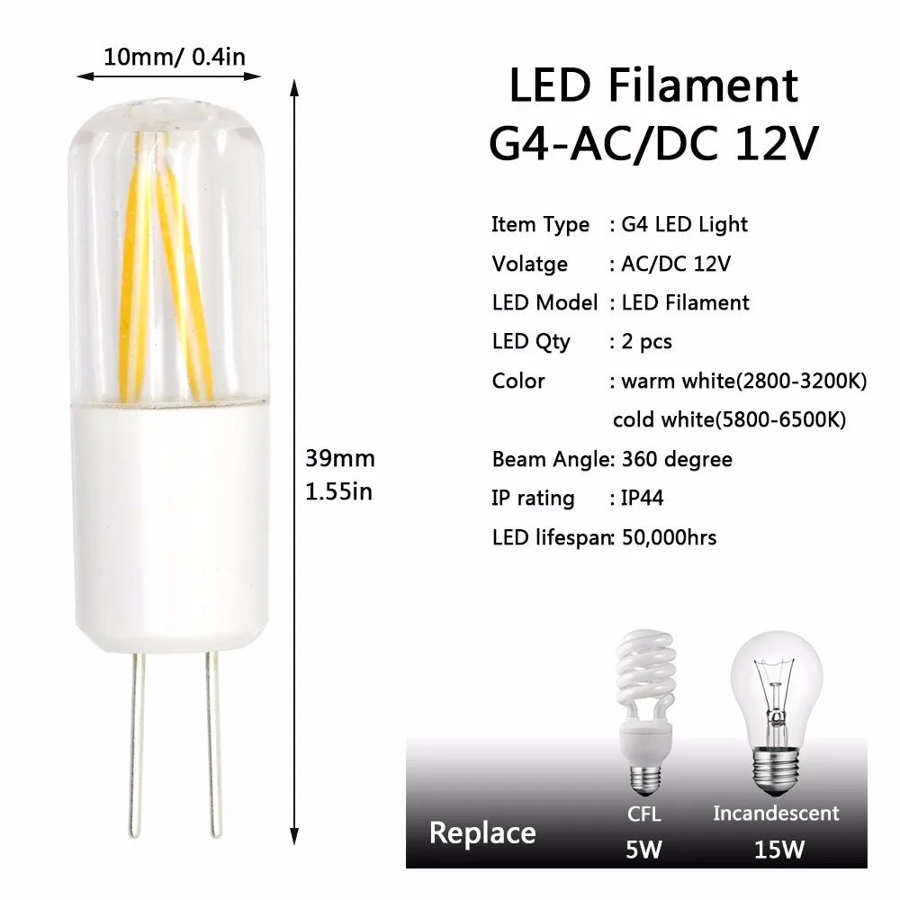 Мини-светодиодный светильник накаливания G4 12V DC AC 5W COB Точечный светильник, заменяющий галогенную лампу