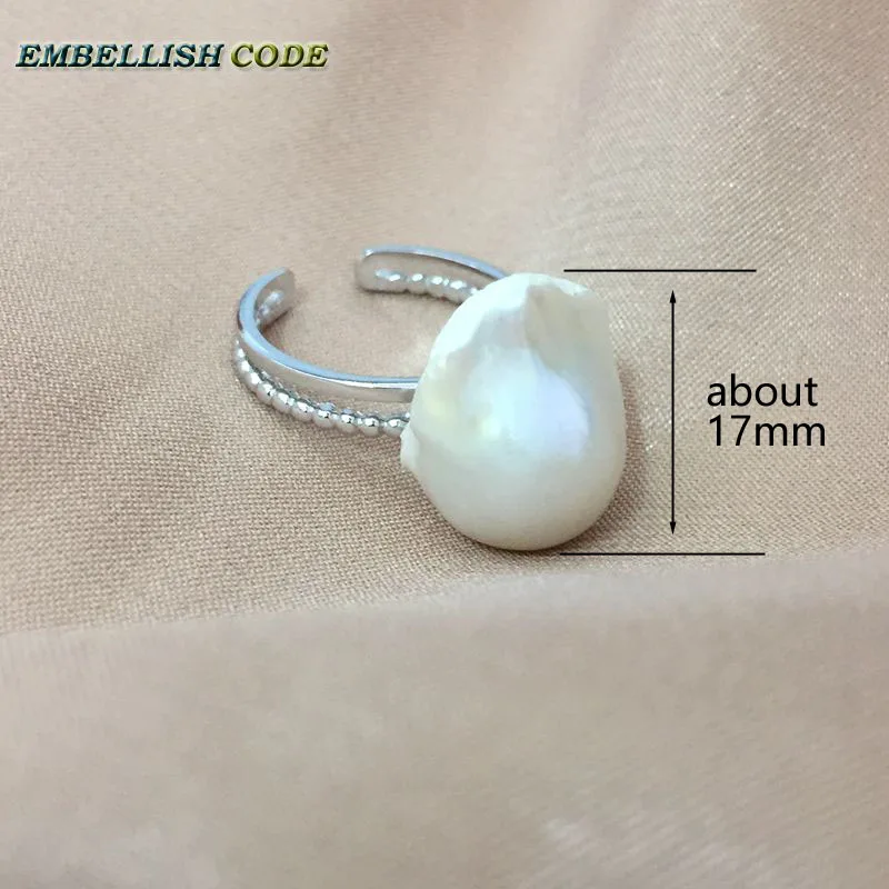 Adjustable size Resize baroque pearl 925 silver Ring simple modern white Lustrous tissue nucleated fire ball shape for women