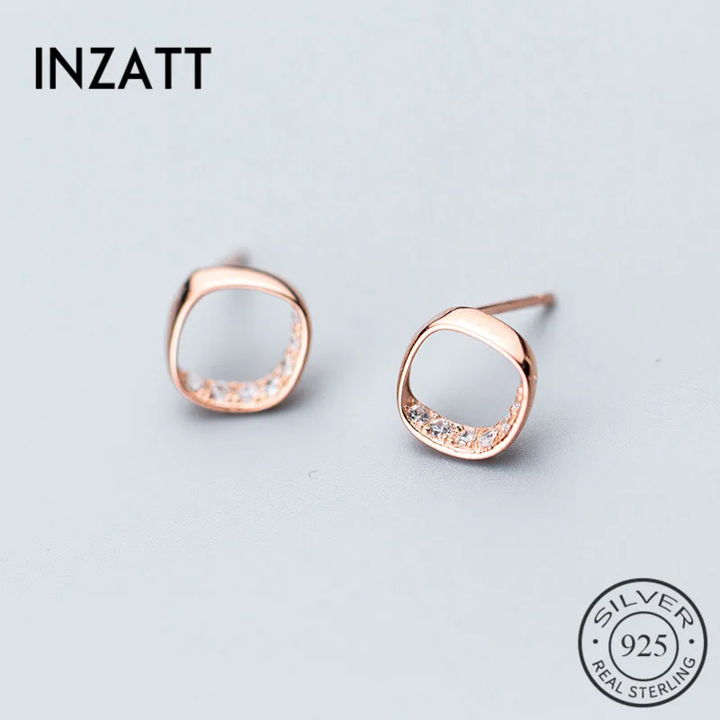 

INZATT OL Style Simple Sqare Real 925 Sterling Silver Stud Earrings Chic Bright Crystal Women Fine Jewelry Accessories For Gift