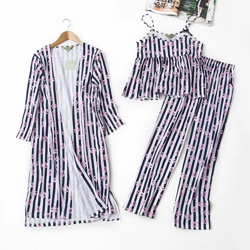 2017 Autumn Three piece Pajamas Women Cardigan With Camisole And Pants