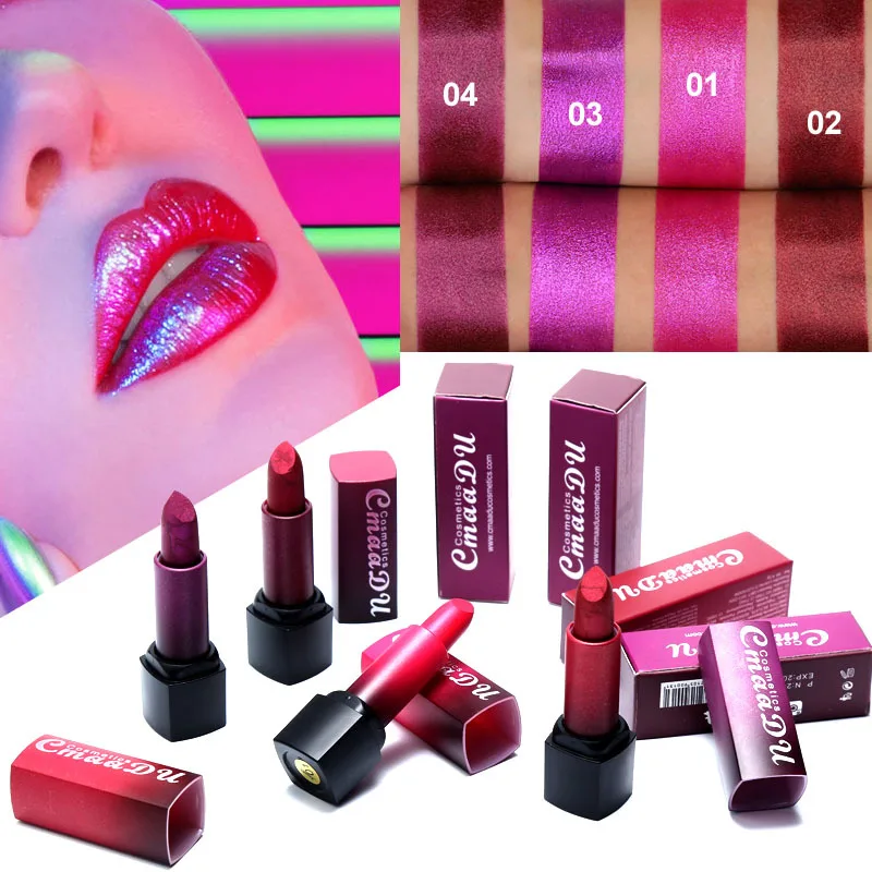 

CmaaDu 4 Colors Metallic Waterproof Shinny Lipstick Long Lasting Diamond Lip Stick Glossy Sexy Red Lip Makeup Party Labial Batom