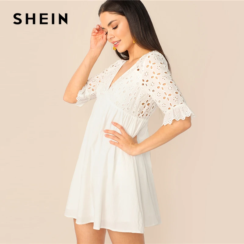 SHEIN Платье С Сеткой И V-Образным Вырезом Женское Летнее Белое Богемное Платье С Средним Рукавом И Оборками