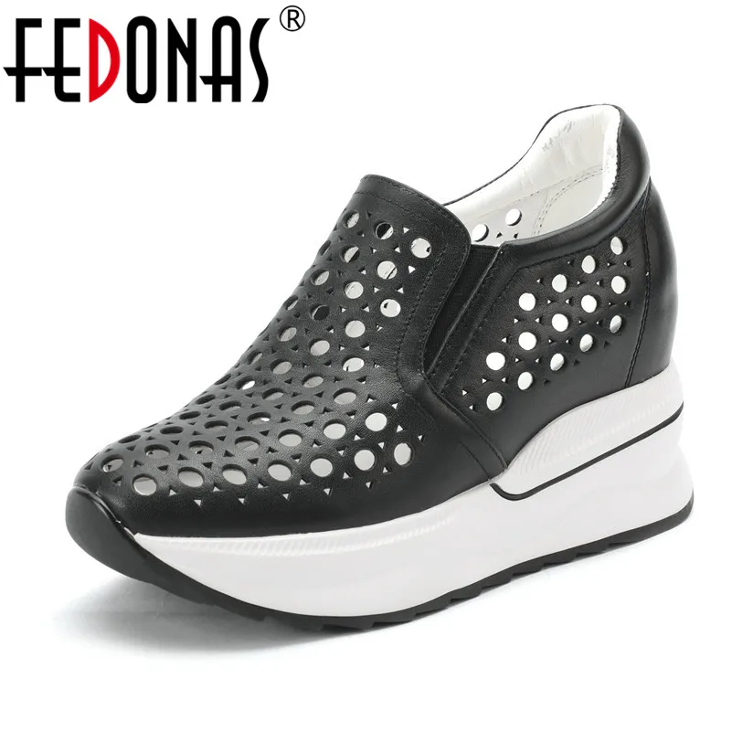 

FEDONAS Brand Women Sneakers Genuine Leather Hollow High Heels Party Working Spring Summer Shoes Woman Round Toe Casual Flats