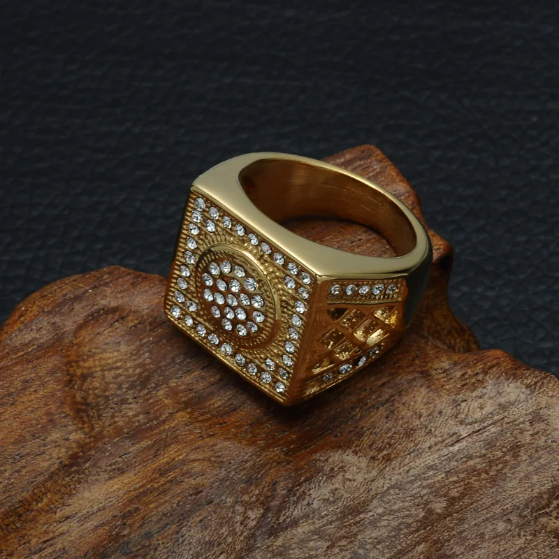 

HIP Hop Gold Rings Geometric Square Micro Pave Crystal Iced Out Bling Bling Titanium Stainless Steel Ring for Men Jewelry