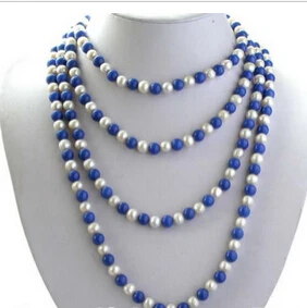 

RHJ0050 beautiful 80" blue lapis lazuli white round freshwater pearl necklace