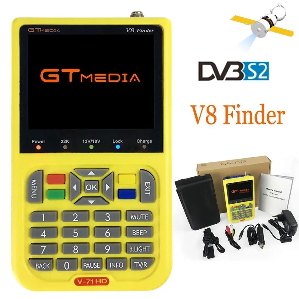 

GTmedia Satellite Finder Meter V8 Finder HD DVB-S2 SatFinder 3.5 inch Color with 3000mA Battery Freesat V8 Finder FTA Sat finder