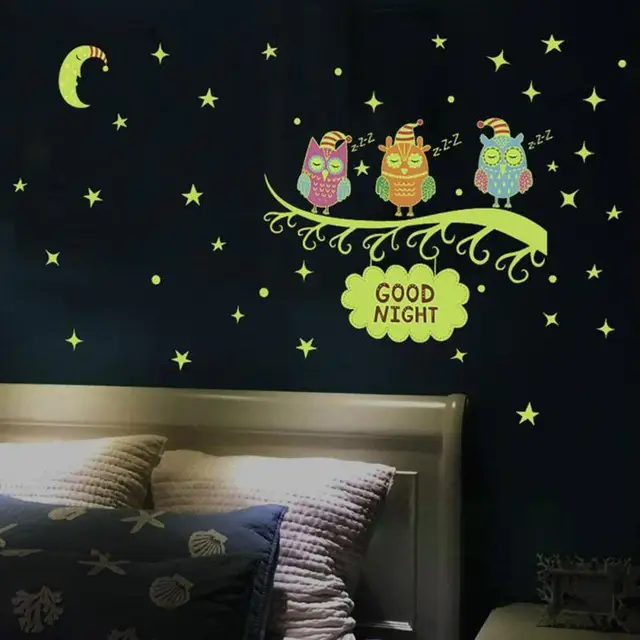 luminous owl moon wall sticker fluorescent kids room bedroom vinyl