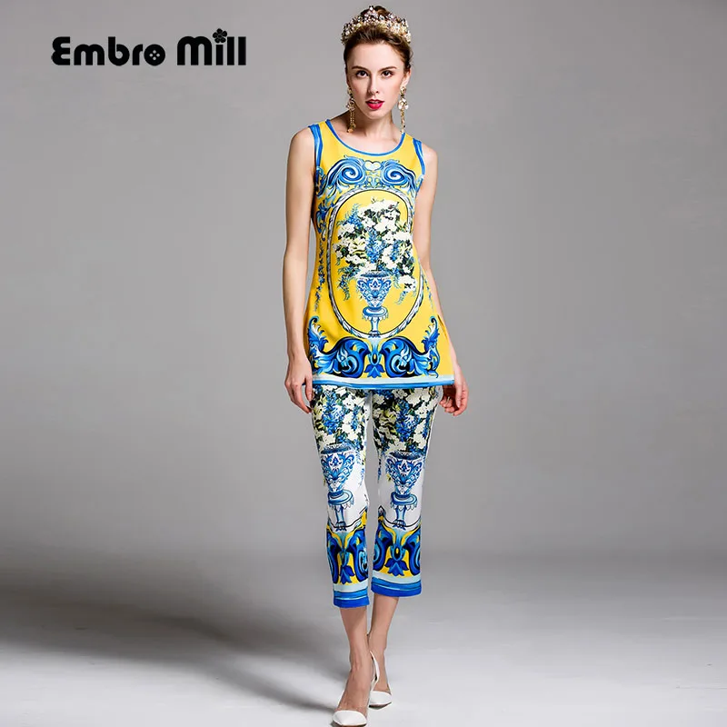 High end mulheres camisa sem mangas de impressão floral mulheres vintage set top + 3/4 calças de comprimento moda flores senhora 2 peças set S XL