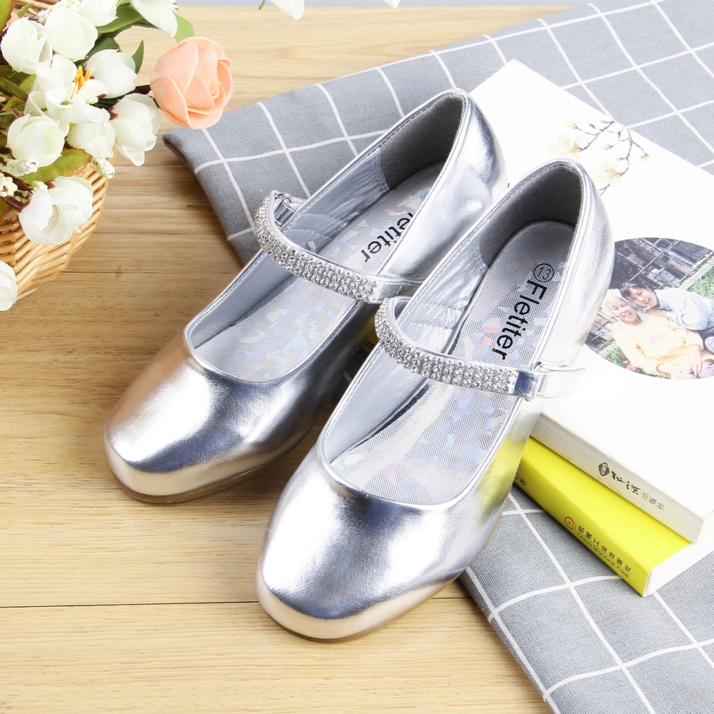 Princess Kids Genuine Leather Shoes For Girls Crystal Casual Glitter Children 2.5cm Low Heel Girls White Party Shoes Fletiter