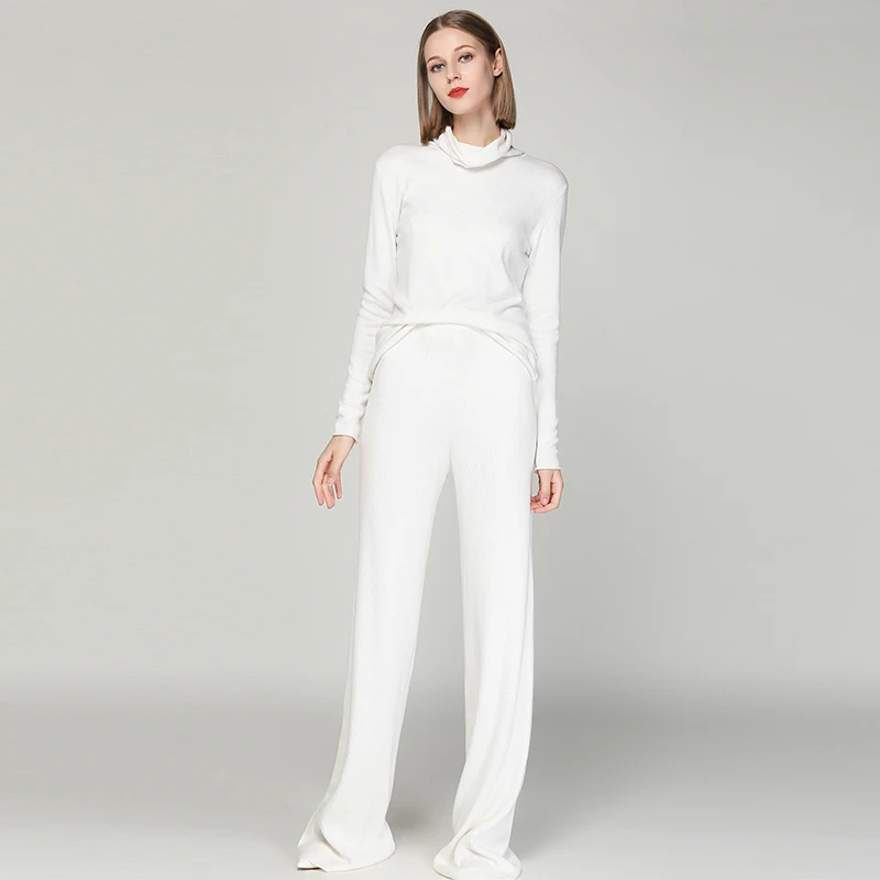 

2018 Real Rushed Winter High-neck Ladies Cashmere Sweater Wide-leg Pants 2 Sets Of Knit Suit Loose Lazy Knitted Two-piece Women